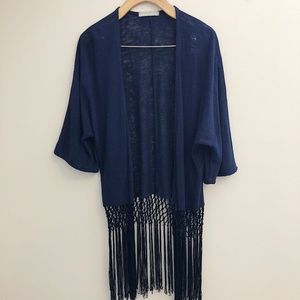 OLIVIA MOON Navy Short Sleeve Fringe Knit Kimono